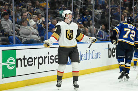 Mar 12, 2023; St. Louis, Missouri, USA; Vegas Golden Knights left wing Pavel Dorofeyev (16) reacts after scoring his first NHL goal against the St. Louis Blues during the third period at Enterprise Center. Mandatory Credit: Jeff Le-USA TODAY Sports