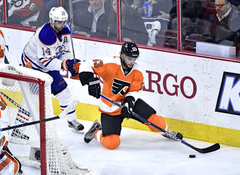 Mar 3, 2016; Philadelphia, PA, USA; Philadelphia Flyers defenseman Shayne Gostisbehere (53) tries to make a play against Edmonton Oilers right wing Jordan Eberle (14) during the third period at Wells Fargo Center. The Oilers defeated the Flyers, 4-0. Mandatory Credit: Eric Hartline-USA TODAY Sports