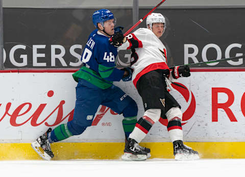 Olli Juolevi of the Vancouver Canucks. (Photo by Rich Lam/Getty Images)