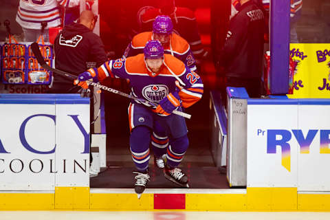 EDMONTON, CANADA – OCTOBER 14: Connor Brown #28 of the Edmonton Oilers skates against the Vancouver Canucks during warm up at Rogers Place on October 14, 2023 in Edmonton, Canada. (Photo by Codie McLachlan/Getty Images)