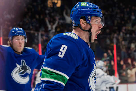 Feb 12, 2022; Vancouver, British Columbia, CAN; Vancouver Canucks forward J.T. Miller (9) celebrates after scoring a goal against the Toronto Maple Leafs in the first period at Rogers Arena. Mandatory Credit: Bob Frid-USA TODAY Sports