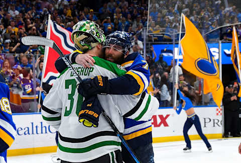 ST. LOUIS, MO – MAY 7: Ben Bishop #30 of the Dallas Stars congratulates Pat Maroon #7 of the St. Louis Blues after Game Seven of the Western Conference Second Round during the 2019 NHL Stanley Cup Playoffs at Enterprise Center on May 7, 2019 in St. Louis, Missouri. (Photo by Scott Rovak/NHLI via Getty Images)