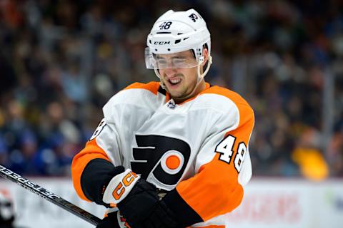 VANCOUVER, CANADA – FEBRUARY 18: Morgan Frost #48 of the Philadelphia Flyers waits for a face-off during the second period of their NHL game against the Vancouver Canucks at Rogers Arena on February 18, 2023 in Vancouver, British Columbia, Canada. (Photo by Derek Cain/Getty Images)