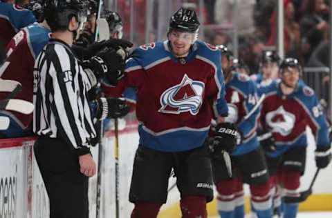 DENVER, COLORADO – DECEMBER 09: Valeri Nichushkin #13 of the Colorado Avalanche celebrates a goal against the Calgary Flames with his bench at Pepsi Center on December 09, 2019 in Denver, Colorado. (Photo by Michael Martin/NHLI via Getty Images)