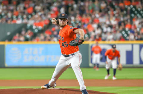 HOUSTON, TX – JUNE 01: Houston Astros starting pitcher Gerrit Cole (45) prepares to throw a pitch during the baseball game between the Boston Red Sox and Houston Astros on June 1, 2018 at Minute Maid Park in Houston, Texas. (Photo by Leslie Plaza Johnson/Icon Sportswire via Getty Images)