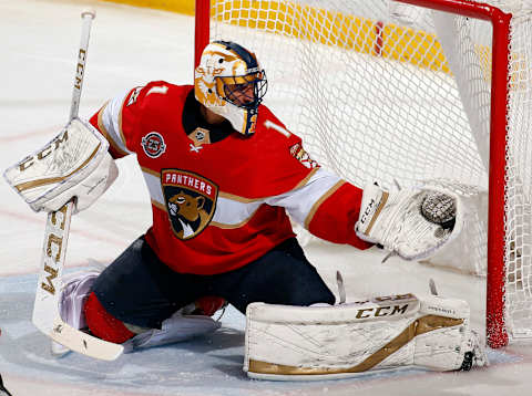 SUNRISE, FL – DECEMBER 4: Goaltender Roberto Luongo #1 of the Florida Panthers makes a glove save in their 5-0 shut out over the Boston Bruins at the BB&T Center on December 4, 2018 in Sunrise, Florida. (Photo by Eliot J. Schechter/NHLI via Getty Images)