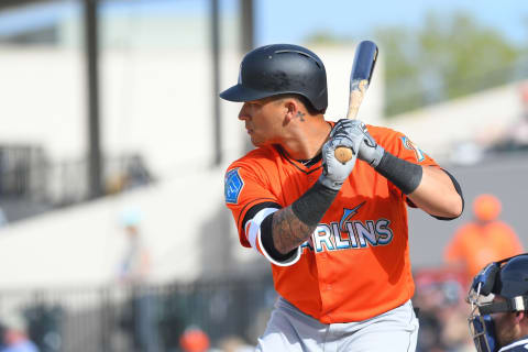 LAKELAND, FL – MARCH 02: Isan Diaz #91 of the Miami Marlins bats during the Spring Training game against the Detroit Tigers at Publix Field at Joker Marchant Stadium on March 2, 2018 in Lakeland, Florida. The Tigers defeated the Marlins 8-3. (Photo by Mark Cunningham/MLB Photos via Getty Images)