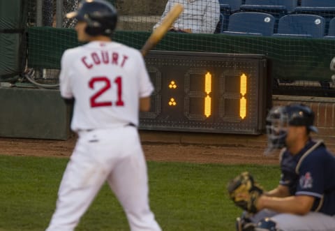 PORTLAND, ME – AUGUST 23: Portland Sea Dogs batter Ryan Court, with batters time clock in background, waits in the batters box for the pitch against the New Hampshire Fisher Cats in AA baseball action at Hadlock Field in Portland on August 23, 2016. (Photo by Carl D. Walsh/Portland Press Herald via Getty Images)