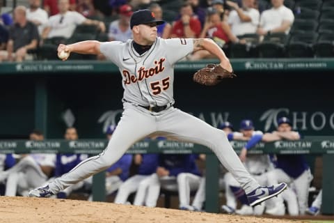 Jun 29, 2023; Arlington, Texas, USA; Detroit Tigers relief pitcher Alex Lange (55) throws to the plate during the ninth inning against the Texas Rangers at Globe Life Field. Mandatory Credit: Raymond Carlin III-USA TODAY Sports