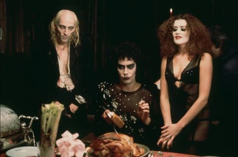 Tim Curry, Richard O'Brien, and Patricia Quinn in The Rocky Horror Picture Show (1975).