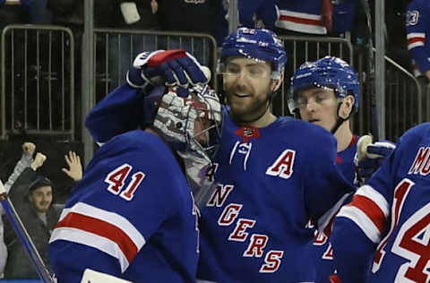 NEW YORK, NEW YORK – MARCH 19: Jaroslav Halak #41 and Barclay Goodrow #21 of the New York Rangers celebrate a 7-0 victory over the Nashville Predators at Madison Square Garden on March 19, 2023, in New York City. (Photo by Bruce Bennett/Getty Images)