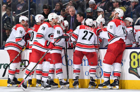 COLUMBUS, OH – MARCH 15: Head Coach Rod Brind’Amour of the Carolina Hurricanes talks with his team during a timeout in the third period of a game against the Columbus Blue Jackets on March 15, 2019 at Nationwide Arena in Columbus, Ohio. (Photo by Jamie Sabau/NHLI via Getty Images)