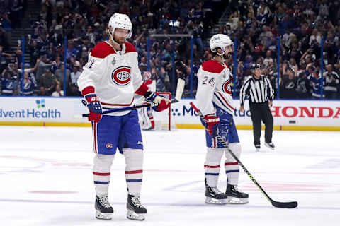 Eric Staal #21 and Phillip Danault #24 of the Montreal Canadiens. (Photo by Mike Carlson/Getty Images)