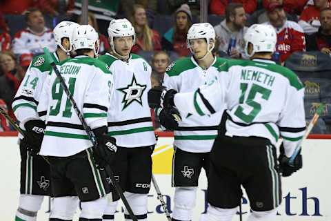 Mar 6, 2017; Washington, DC, USA; Dallas Stars center Jason Spezza (90) celebrates with teammates after scoring a goal against the Washington Capitals in the second period at Verizon Center. Mandatory Credit: Geoff Burke-USA TODAY Sports