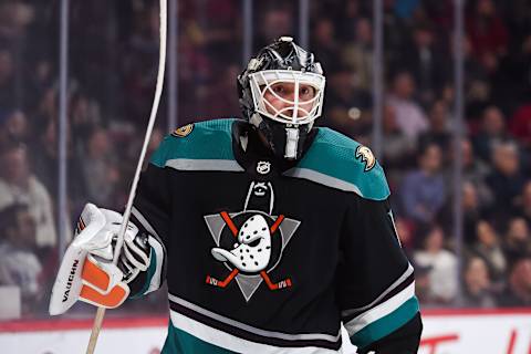 MONTREAL, QC – FEBRUARY 05: Look on Anaheim Ducks goalie Chad Johnson (1) during the Anaheim Ducks versus the Montreal Canadiens game on February 05, 2019, at Bell Centre in Montreal, QC (Photo by David Kirouac/Icon Sportswire via Getty Images)