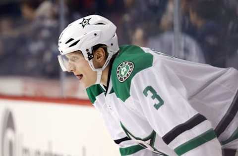 Feb 24, 2015; Winnipeg, Manitoba, CAN; Dallas Stars defenceman John Klingberg (3) prior to the game against the Winnipeg Jets at the MTS Centre. Mandatory Credit: Bruce Fedyck-USA TODAY Sports