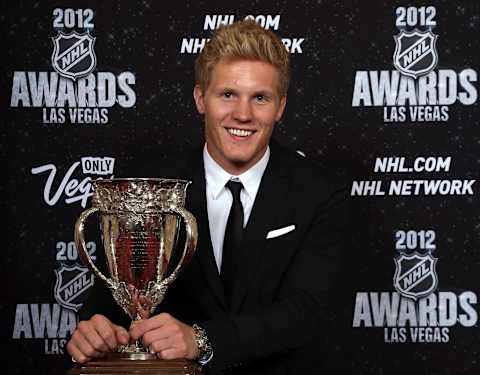 LAS VEGAS, NV – JUNE 20: Gabriel Landeskog of the Colorado Avalanche poses after winning the Calder Memorial Trophy during the 2012 NHL Awards at the Encore Theater at the Wynn Las Vegas on June 20, 2012 in Las Vegas, Nevada. (Photo by Bruce Bennett/Getty Images)