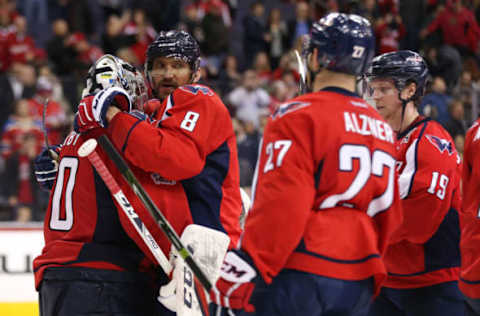 NHL Power Rankings: Washington Capitals left wing Alex Ovechkin (8) celebrates with Washington Capitals goalie Braden Holtby (70) after their game against the Carolina Hurricanes at Verizon Center. The Capitals won 6-1. Mandatory Credit: Geoff Burke-USA TODAY Sports