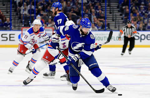 Nikita Kucherov #86 of the Tampa Bay Lightning looks to pass during a game against the New York Rangers (Photo by Mike Ehrmann/Getty Images)