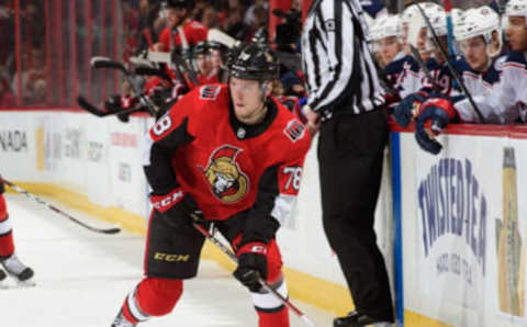 OTTAWA, ON – FEBRUARY 22: Filip Chlapik #78 of the Ottawa Senators skates against the Columbus Blue Jackets at Canadian Tire Centre on February 22, 2019 in Ottawa, Ontario, Canada. (Photo by Matt Zambonin/NHLI via Getty Images)