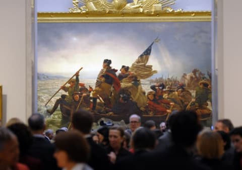 Emanuel Gottlieb Leutze’s 1851 painting 'Washington Crossing the Delaware' during a press preview at the Metropolitan Museum of Art