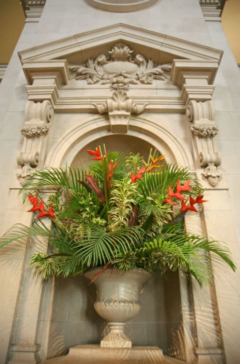 A tropical flower arrangement at the Met