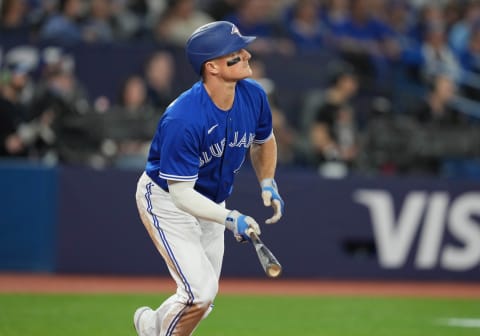 Apr 11, 2023; Toronto, Ontario, CAN; Toronto Blue Jays third baseman Matt Chapman (26) reacts after hitting a home run against the Detroit Tigers during the fourth inning at the Rogers Centre. Mandatory Credit: Nick Turchiaro-USA TODAY Sports