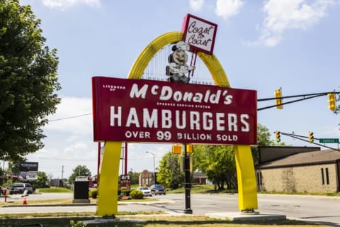 A Legacy McDonald's hamburger sign in Muncie, Indiana features original mascot Speedee.