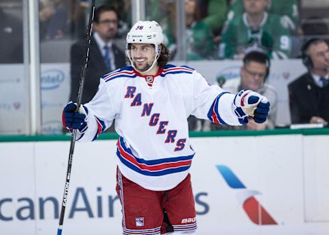 Dec 15, 2016; Dallas, TX, USA; New York Rangers right wing Mats Zuccarello (36) celebrates a goal against the Dallas Stars at the American Airlines Center. The Rangers shut out the Stars 2-0. Mandatory Credit: Jerome Miron-USA TODAY Sports