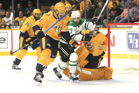 NASHVILLE, TN – FEBRUARY 07: Nashville Predators center Brian Boyle (11) defends against Dallas Stars left wing Andrew Cogliano (17) during the NHL game between the Nashville Predators and Dallas Stars, held on February 7, 2019, at Bridgestone Arena in Nashville, Tennessee. (Photo by Danny Murphy/Icon Sportswire via Getty Images)