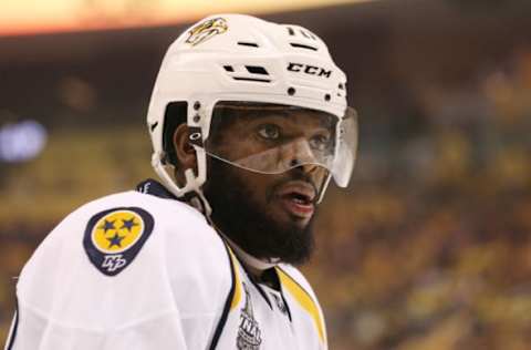 Jun 8, 2017; Pittsburgh, PA, USA; Nashville Predators defenseman P.K. Subban (76) looks on against the Pittsburgh Penguins during the first period in game five of the 2017 Stanley Cup Final at PPG PAINTS Arena. Mandatory Credit: Charles LeClaire-USA TODAY Sports