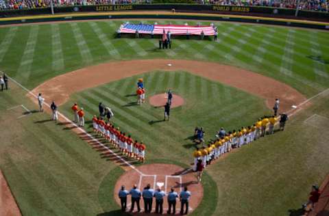 SOUTH WILLIAMSPORT, PA – AUGUST 26: The Southeast team from North Carolina and the Southwest team from Texas line up during the national anthem ahead of the US Championship of the 2017 Little League World Series at Lamade Stadium on Saturday, August 26, 2017 in South Williamsport, Pennsylvania. (Photo by Alex Trautwig/MLB Photos via Getty Images)