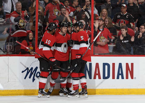 OTTAWA, ON – MARCH 28: Colin White #36 of the Ottawa Senators celebrates his first period goal against the Florida Panthers with teammates Anthony Duclair #10, Christian Wolanin #86 and Cody Ceci #5 at Canadian Tire Centre on March 28, 2019 in Ottawa, Ontario, Canada. (Photo by Andre Ringuette/NHLI via Getty Images)