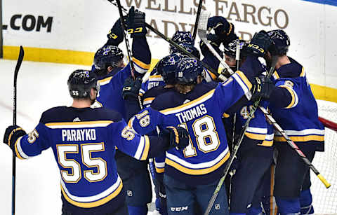 ST. LOUIS, MO – MAY 21: Blues players celebrate after winning game six of the NHL Western Conference Final between the San Jose Sharks and the St. Louis Blues, on May 21, 2019, at Enterprise Center, St. Louis, Mo. (Photo by Keith Gillett/Icon Sportswire via Getty Images)