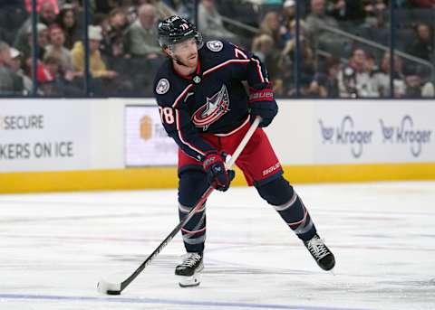 COLUMBUS, OHIO – SEPTEMBER 24: Damon Severson #78 of the Columbus Blue Jackets skates with the puck during the second period against the Pittsburgh Penguins at Nationwide Arena on September 24, 2023 in Columbus, Ohio. (Photo by Jason Mowry/Getty Images)