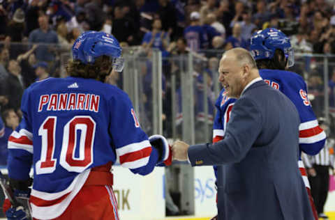 NEW YORK, NEW YORK – MAY 15: Head coach Gerard Gallant of the New York Rangers and Artemi Panarin #10 celebrate a 4-3 overtime victory over the Pittsburgh Penguins in Game Seven of the First Round of the 2022 Stanley Cup Playoffs at Madison Square Garden on May 15, 2022, in New York City. (Photo by Bruce Bennett/Getty Images)