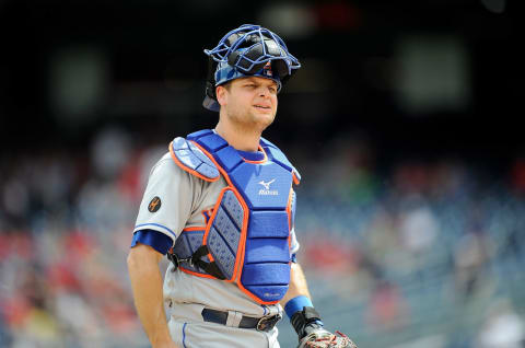 WASHINGTON, DC – AUGUST 01: Devin Mesoraco #29 of the New York Mets catches against the Washington Nationals at Nationals Park on August 1, 2018 in Washington, DC. (Photo by G Fiume/Getty Images)