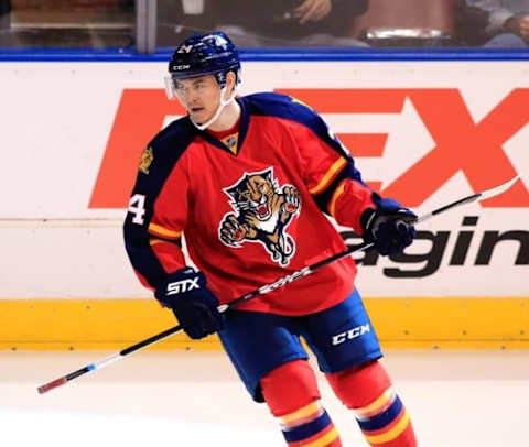 Mar 7, 2016; Sunrise, FL, USA; Florida Panthers left wing Jiri Hudler (24) after his goal against the Boston Bruins in the third period at BB&T Center. Mandatory Credit: Robert Mayer-USA TODAY Sports