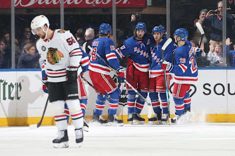 NEW YORK, NY – JANUARY 17: Mika Zibanejad #93 of the New York Rangers celebrates with teammates after scoring a goal in the second period against the Chicago Blackhawks at Madison Square Garden on January 17, 2019 in New York City. (Photo by Jared Silber/NHLI via Getty Images)