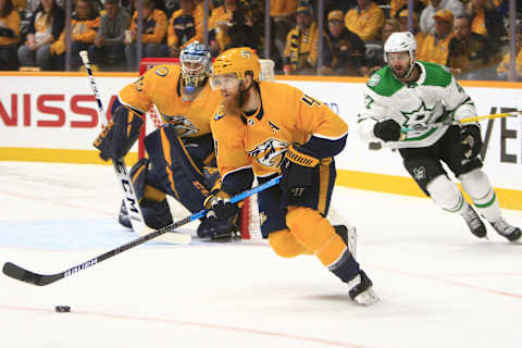 NASHVILLE, TN – APRIL 20: Nashville Predators defenseman Ryan Ellis (4) skates with the puck during Game Five of Round One of the Stanley Cup Playoffs between the Nashville Predators and Dallas Stars, held on April 20, 2019, at Bridgestone Arena in Nashville, Tennessee. (Photo by Danny Murphy/Icon Sportswire via Getty Images)