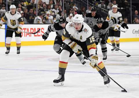 LAS VEGAS, NEVADA – DECEMBER 23: Reilly Smith #19 of the Vegas Golden Knights skates with the puck against the Los Angeles Kings in the second period of their game at T-Mobile Arena on December 23, 2018 in Las Vegas, Nevada. The Kings defeated the Golden Knights 4-3 in overtime. (Photo by Ethan Miller/Getty Images)