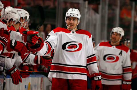 SUNRISE, FL – APRIL 2: Trevor van Riemsdyk #57 of the Carolina Hurricanes celebrates his goal with teammates during the first period against the Florida Panthers at the BB&T Center on April 2, 2018 in Sunrise, Florida. (Photo by Eliot J. Schechter/NHLI via Getty Images)