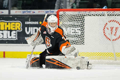 EVERETT, WA – FEBRUARY 08: Medicine Hat Tigers goaltender Mads Sogaard (30) makes a pad save in the first period during a game between the Everett Silvertips and the Medicine Hat Tigers on Friday, February 8, 2019 at Angel of the Winds Arena in Everett, WA. (Photo by Christopher Mast/Icon Sportswire via Getty Images)