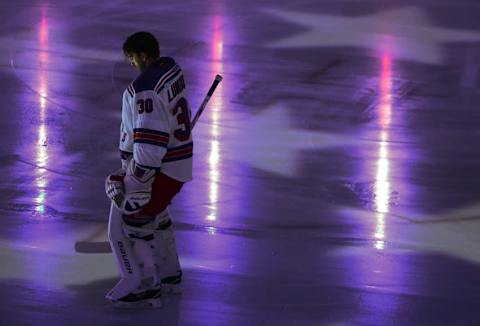 Dec 9, 2015; Vancouver, British Columbia, CAN; New York Rangers goaltender Henrik Lundqvist (30) stands before the start of the first period against the Vancouver Canucks at Rogers Arena. Mandatory Credit: Anne-Marie Sorvin-USA TODAY Sports