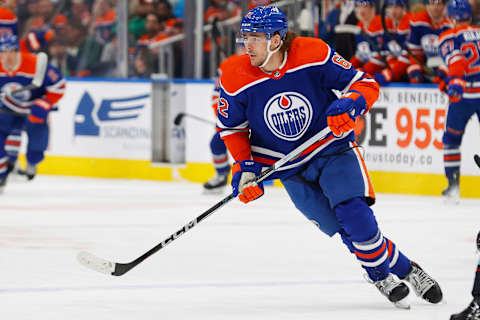 Nov 15, 2023; Edmonton, Alberta, CAN; Edmonton Oilers forward Raphael Lavoie (62) against the Seattle Kraken at Rogers Place. Mandatory Credit: Perry Nelson-USA TODAY Sports