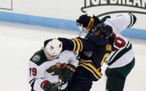 Sep 26, 2016; State College, PA, USA; Buffalo Sabres forward Evander Kane (9) is blocked by Minnesota Wild defensemen Hunter Warner (79) during the third period during a preseason hockey game at Pegula Ice Arena. The Wild defeated the Sabres 2-1. Mandatory Credit: Matthew O