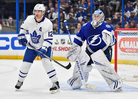 TAMPA, FL – DECEMBER 13: Toronto Maple Leafs center Patrick Marleau (12) creates a screen that forces Tampa Bay Lightning goalie Andrei Vasilevsky (88) to look around him during the third period of an NHL game between the Toronto Maple Leafs and the Tampa Bay Lightning on December 13, 2018, at Amalie Arena in Tampa, FL. (Photo by Roy K. Miller/Icon Sportswire via Getty Images)