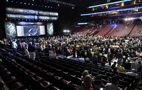 Jun 26, 2015; Sunrise, FL, USA; A general view of the stage and draft room floor before the first round of the 2015 NHL Draft at BB&T Center. Mandatory Credit: Steve Mitchell-USA TODAY Sports