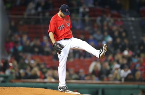 BOSTON – APRIL 27: Boston Red Sox starting pitcher Drew Pomeranz kicks his leg up on the mound in frustration after giving up a solo home run to the Rays’ Rob Refsnyder in the third inning. The Boston Red Sox host the Tampa Bay Rays in a regular season MLB baseball game at Fenway Park in Boston on April 27, 2018. (Photo by John Tlumacki/The Boston Globe via Getty Images)