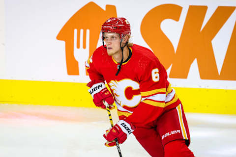 Sep 26, 2021; Calgary, Alberta, CAN; Calgary Flames defenseman Juuso Valimaki (6) skates during the warmup period against the Edmonton Oilers at Scotiabank Saddledome. Mandatory Credit: Sergei Belski-USA TODAY Sports